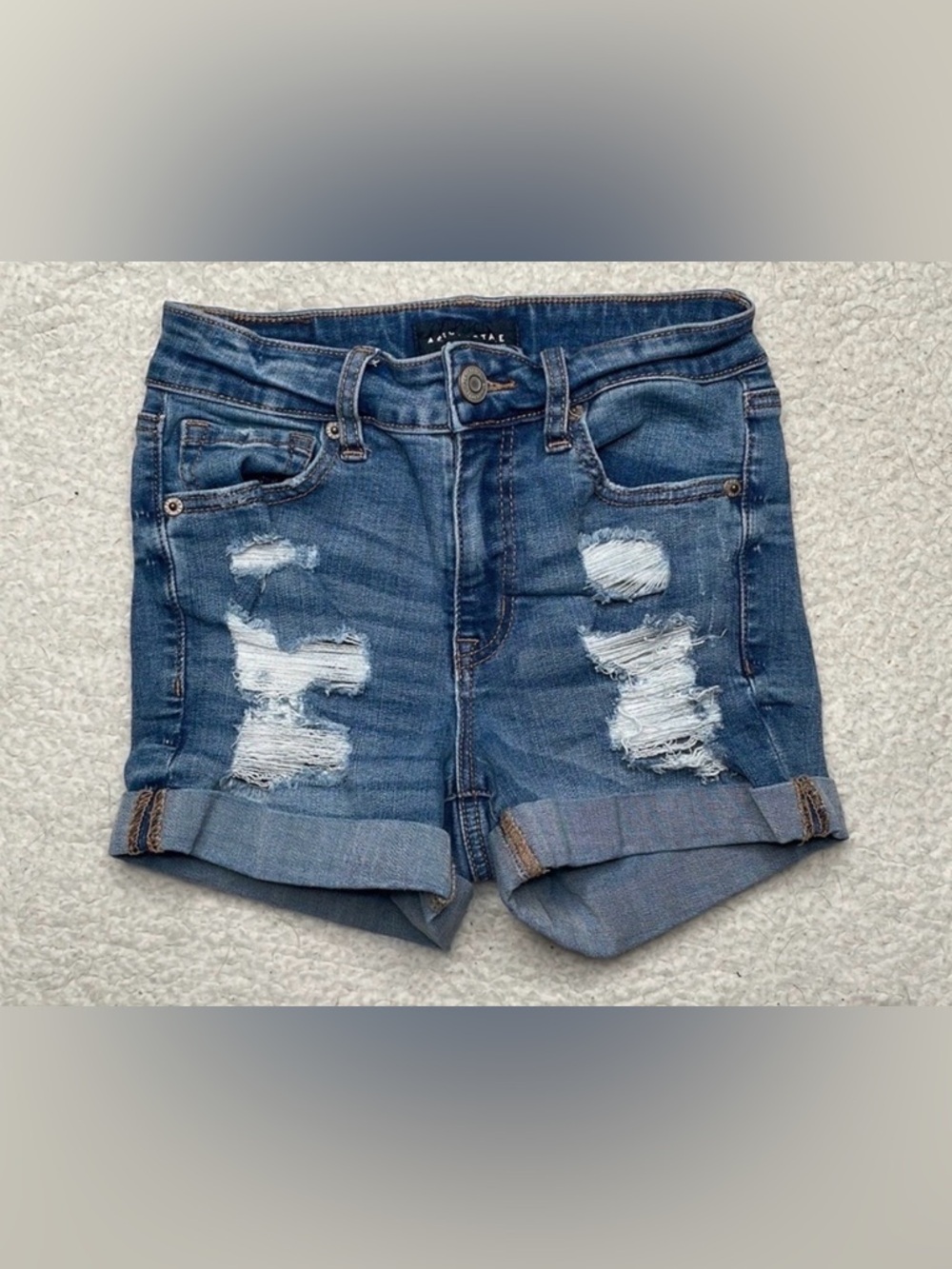 Aeropostale High Rise Midi Distressed Ripped Denim Jeans Shorts Size 00
